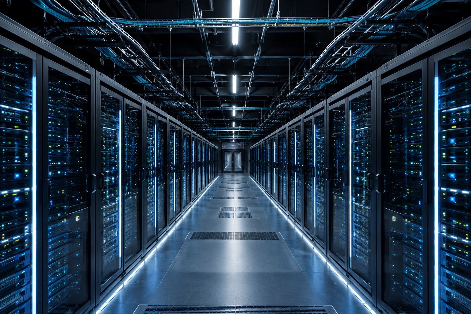 Ulička datacentra s řadami serverových racků v modrém osvětlení