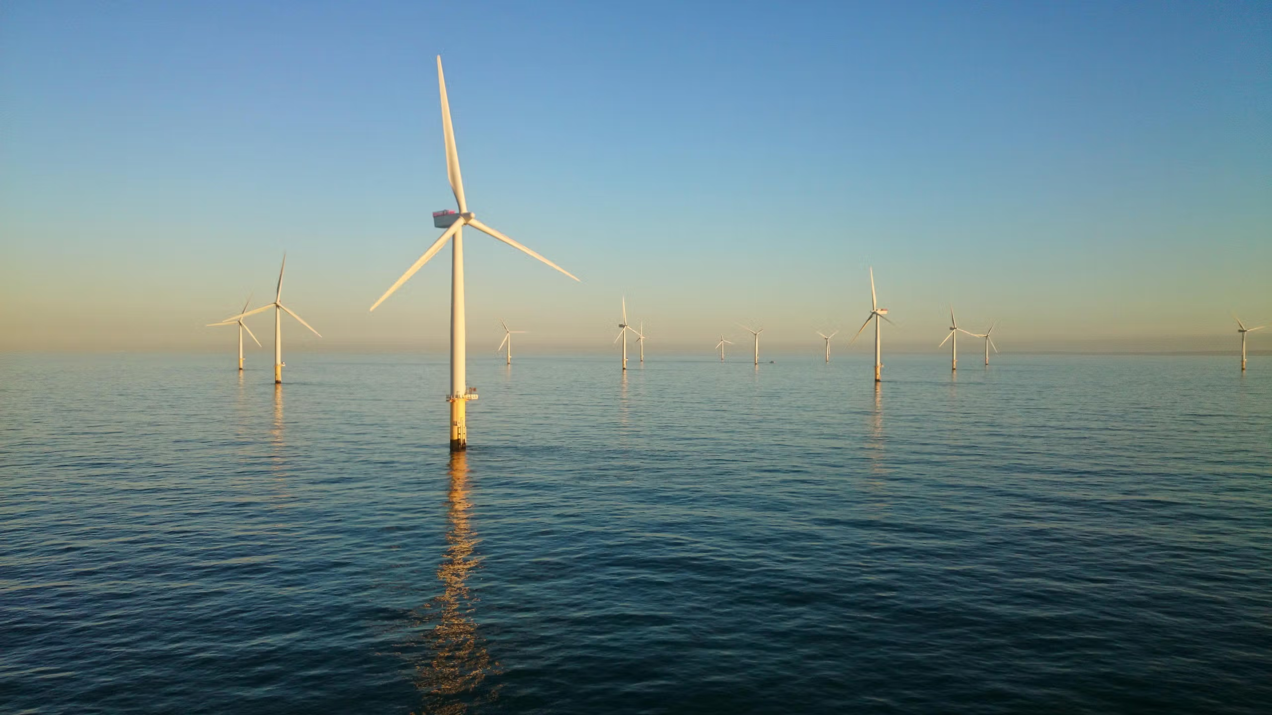 Pobřežní větrná farma společnosti Equinor s desítkami turbín na mořské hladině za svítání