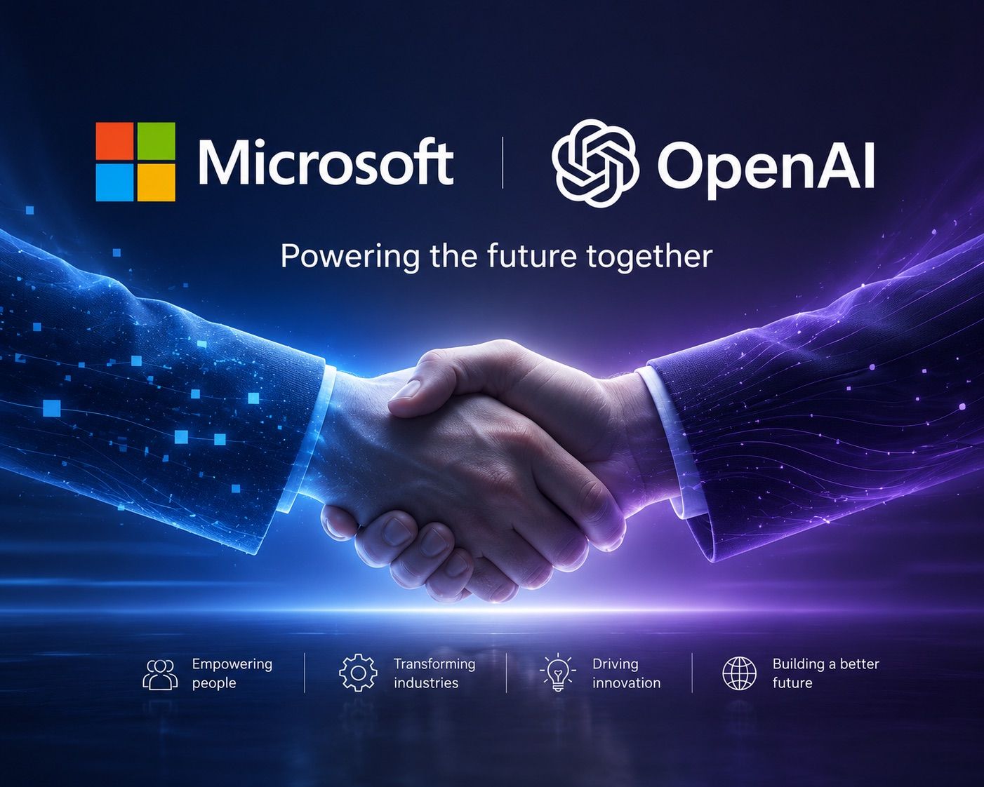 Grafika partnerství Microsoftu a OpenAI — loga obou firem a podání rukou se sloganem „Powering the future together“